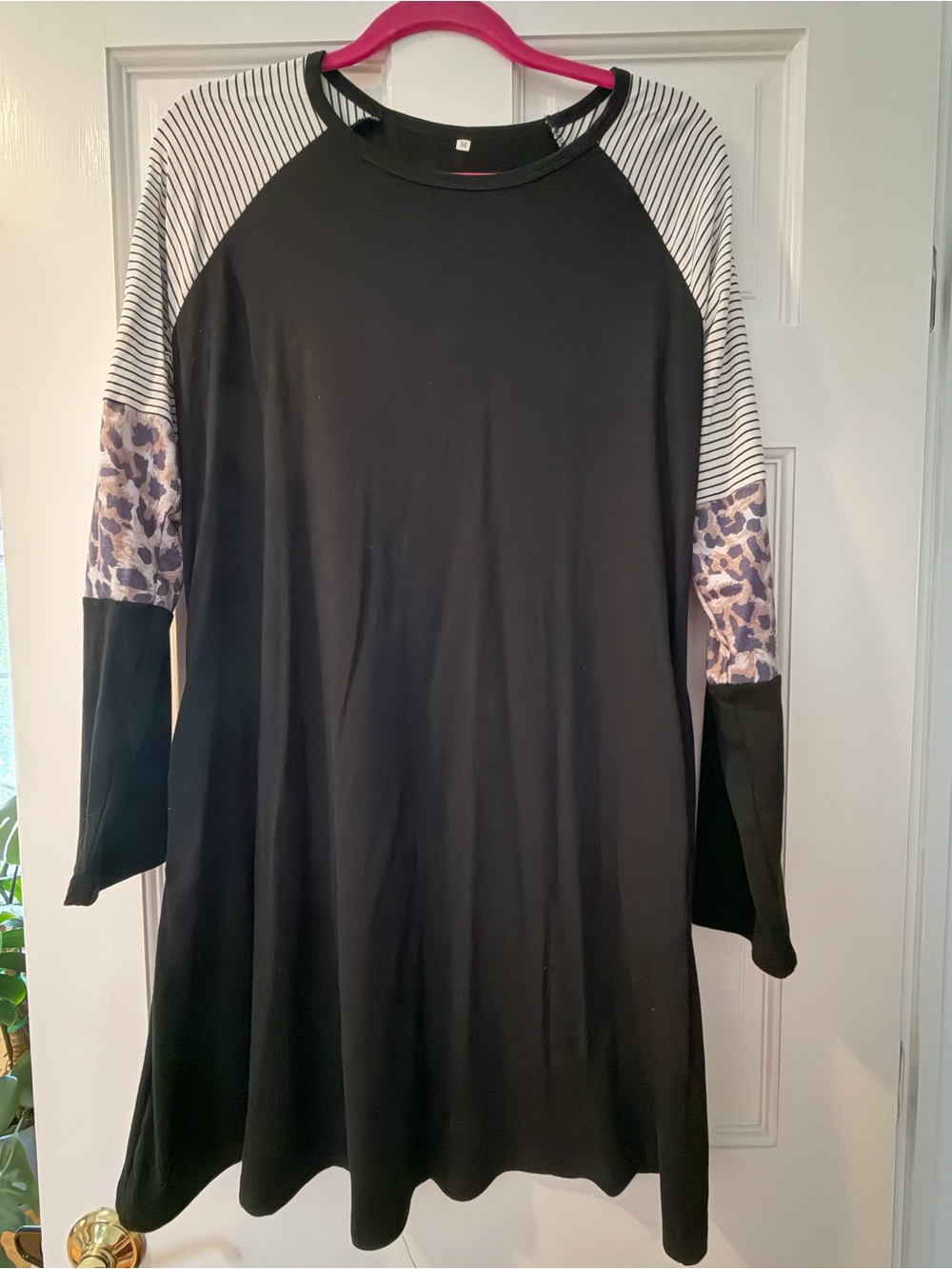 Black Long-Sleeve Raglan Dress with Striped Shoulders and Leopard Accent